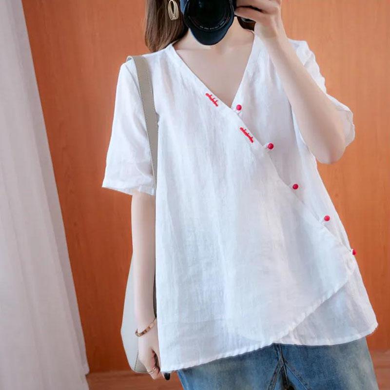 Women's Summer Cotton Linen Short Sleeve Top Embroidered Loose Versatile V-Neck T-Shirt