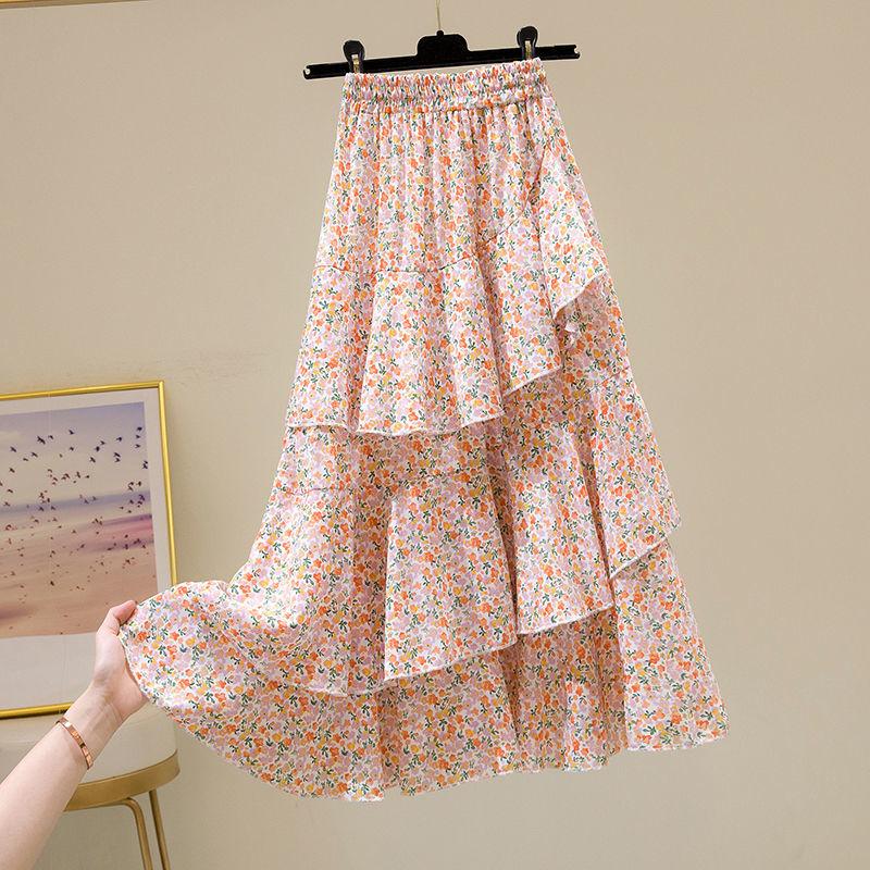 Printed Pattern Half-length Skirt Summer Floral Irregular Ruffled Wild A-line Super Fairy Cake Skirt Female Cute Skirt Fabric Light and Breathable