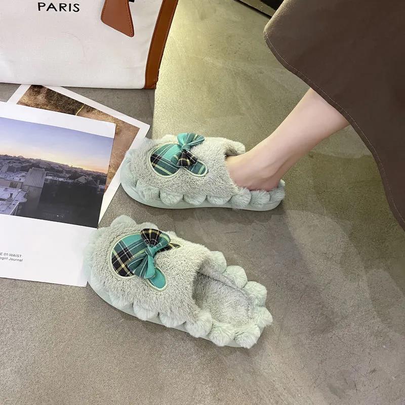 Thick-soled Fur Slippers Women's Autumn and Winter Wear Baotou Cotton Slippers Indoor Home Warm Non-slip Flat Shoes