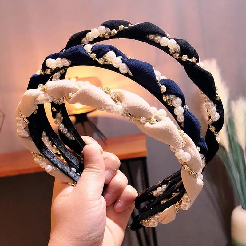 Diamond-studded Wavy Headband Hairpin Pearl Cloth Hairband Female Sweet Girl Headdress Headband Hairband Wash Face Hairband Bangs Fixed Clip Jewelry