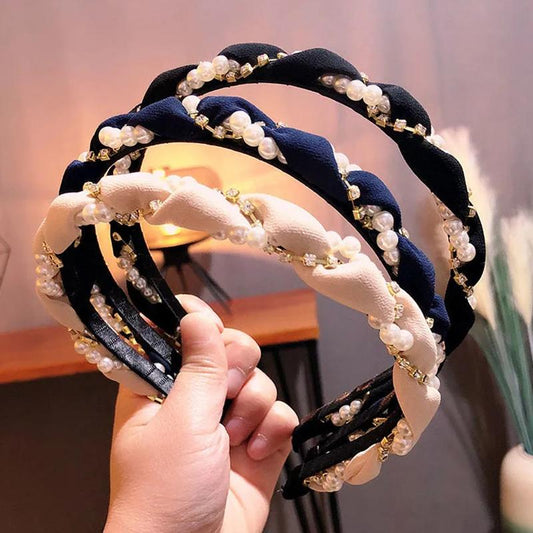 Diamond-studded Wavy Headband Hairpin Pearl Cloth Hairband Female Sweet Girl Headdress Headband Hairband Wash Face Hairband Bangs Fixed Clip Jewelry