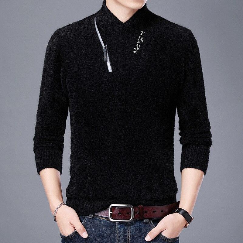 Men Clothing Imitation Mink All-match Base Shirt Men's Diagonal Zipper Stand-up Collar Warm Sweater
