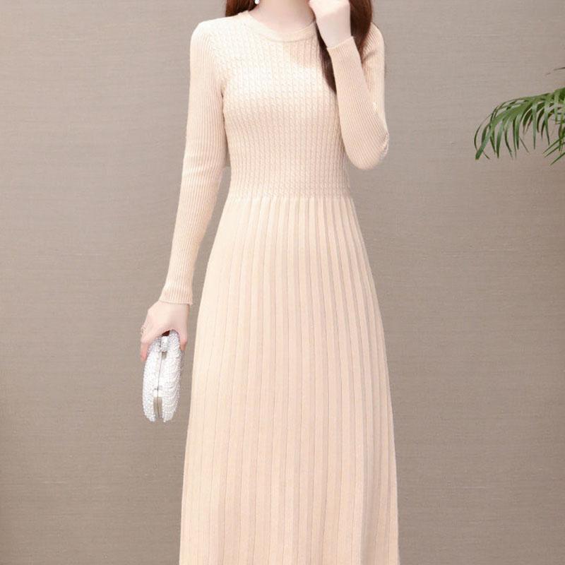 Autumn and Winter Slim-fit Inner Base Skirt Mid-length Casual Pleated Skirt Solid Color Over-the-knee Women's Sweater Dress