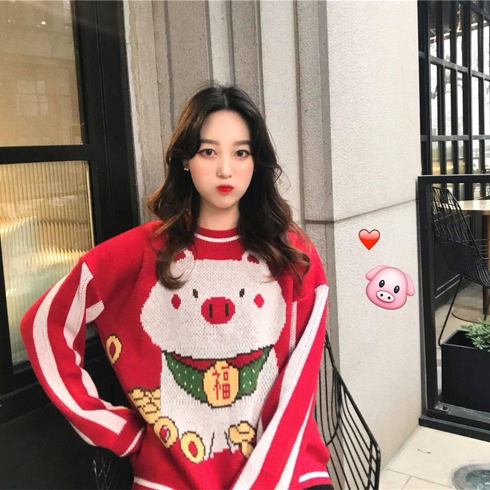 Women Cute Pig Theme Simple Color Loose Knitwear Turtleneck Bottoming Top Pullover Sweater