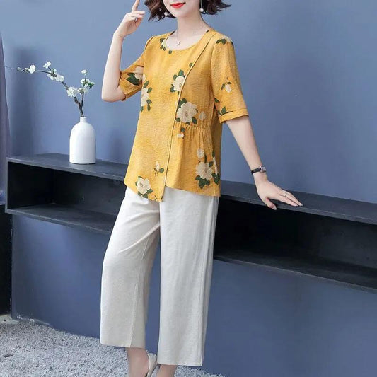 Women's Summer Cotton Linen Round Neck All-match Short Sleeve Floral Top