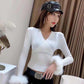 V-neck Women's Blouse Slim-fit Plush Long-sleeved Tight-fitting Bottoming Shirt Short Pullover Winter