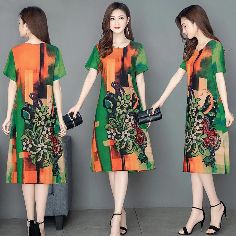M-XXXXL Plus Size Polyester Short-sleeved Dress Summer Over-the-knee Round Neck Exquisite Printing