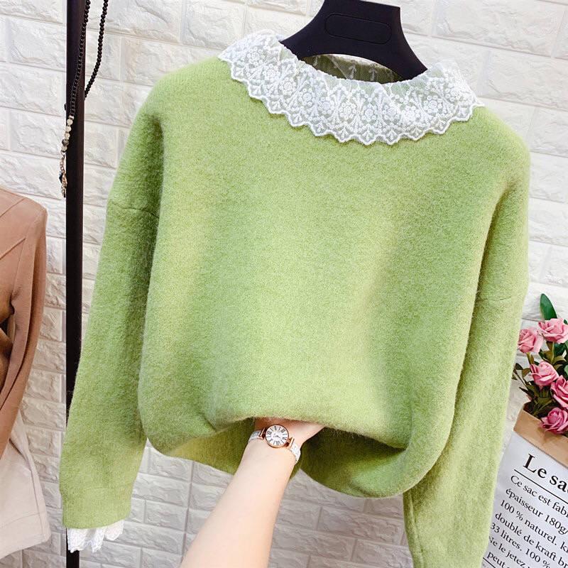 Pofulove Girly Warm Lace Crew Neck Knitwear Skin-friendly High Elasticity Women Pullover Sweater