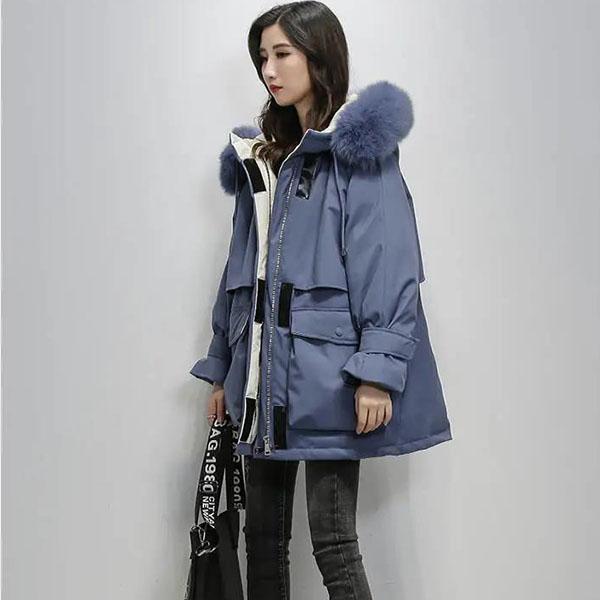 Winter Pie Overcoming Women's Mid-length Down Padded Jacket Women's Loose and Thick Large Fur Collar Padded Jacket