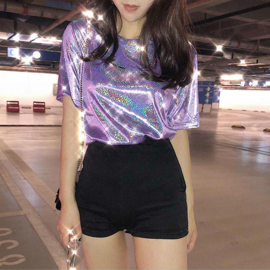 Ladies T-shirt Reflective Summer Short Sleeve Personality Tops Women Loose Shiny T Shirt