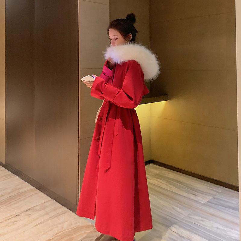Red Cotton-padded Jacket Women's Winter Loose Waist Cotton-padded Jacket Long Over The Knee Overcoming Coat