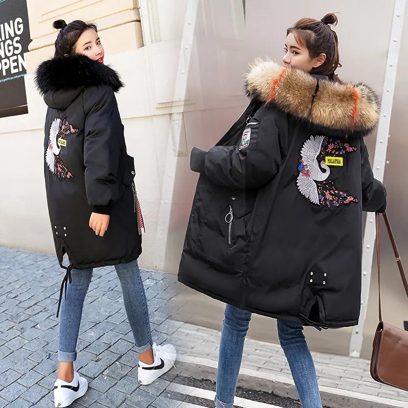 Women Parkas Winter Jacket Mid-length Thickening Coats Fur Collar Hooded Coat Cotton Jackets Loose Casual Outwear Embroidery Black White Clothes