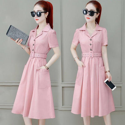 Dress Femininity Waist Fairy Skirt Short-sleeved Mid-length Skirt Casual Skirt Stand-up Collar Short-sleeved Mid-length Skirt
