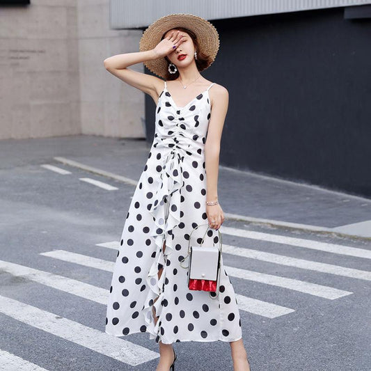 Sling Dress Beach Dress Fairy Seaside Vacation Long Dress Travel Black and White Polka Dot Sling Dress Waist Was Thin