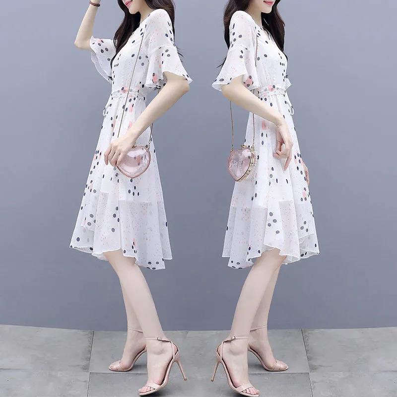 Women Summer Elegant Dress Vintage High Waist Fairy Casual Thin Dress Slim Vintage Dot Print V-neck Pleated Dress