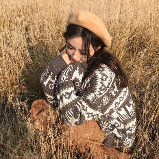 Christmas Theme Women 3 Colors Elk Print Long Section Sweater Crew Neck Loose Pullover Top