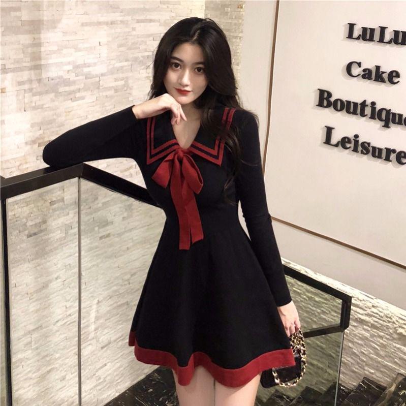 Dress Women Long Sleeve Spring and Autumn Dress Women Lace Sailor Suit Fashion Slim Skirt