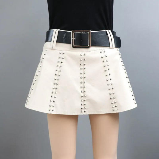 PU Leather Short Skirt Women's Spring and Autumn High Waist Slimming Personality Rivet A-line Skirt Pants