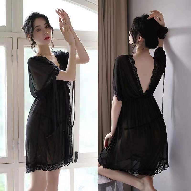Plus Size Women's Sexy Mesh Nightdress Summer Transparent See-through Lace Suspenders Short-sleeves Two-wear Sexy Nightdress