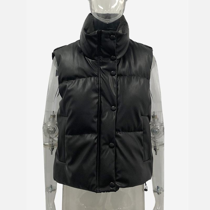 Black Stand Collar Vests Women Fashion Zipper PU Leather Coats Women Elegant Autumn Winter Short Vests Female Ladies IAC