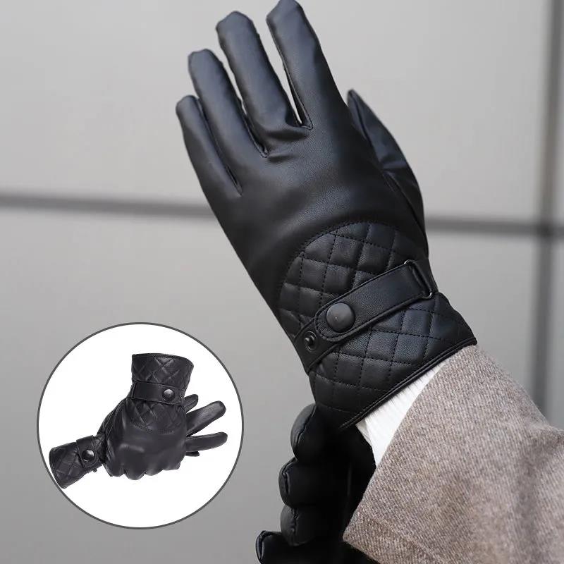 Men's Leather Gloves Winter Outdoor Motorcycle Gloves Plus Velvet Thick Touch Screen Gloves