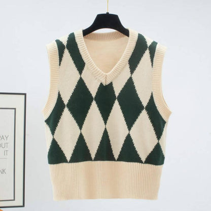 Diamond Check V-Neck Knitted Vest Women's Sweater Autumn and Winter Korean Loose Wild Sweater Vest Sleeveless Sweater