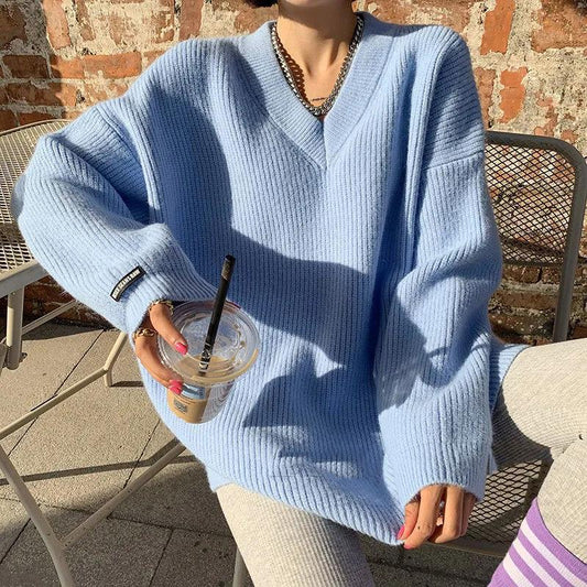 Fashion Solid Color V-Neck Sweater Women's Loose Lazy Wind Mid-Length Knit Sweater Korean Version Versatile Label Sweater