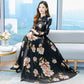 Chiffon Long-sleeved Large Skirt Dress Feminine Temperament Floral French Retro Waist Slim Elegant Dress Fabric Light and Breathable