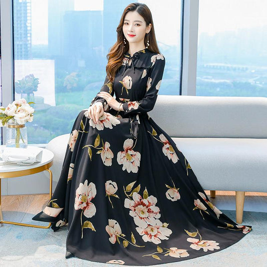 Chiffon Long-sleeved Large Skirt Dress Feminine Temperament Floral French Retro Waist Slim Elegant Dress Fabric Light and Breathable
