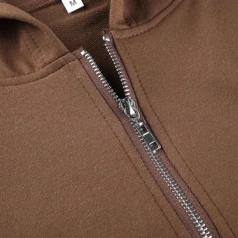 Brown Zip Hooded Sweatshirt Jacket Top Oversized Hoodie Retro Pocket Woman Clothes Long Sleeve Pullover