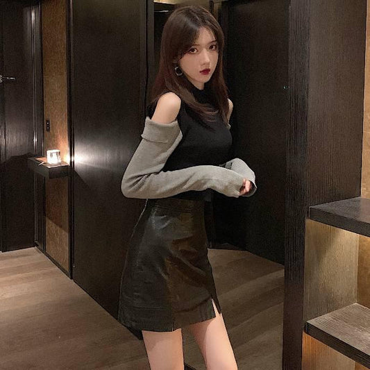 Pofulove Bottoming Sweater Slim All-match Pullover Panelled Contrast Off-the-shoulder Long Sleeves