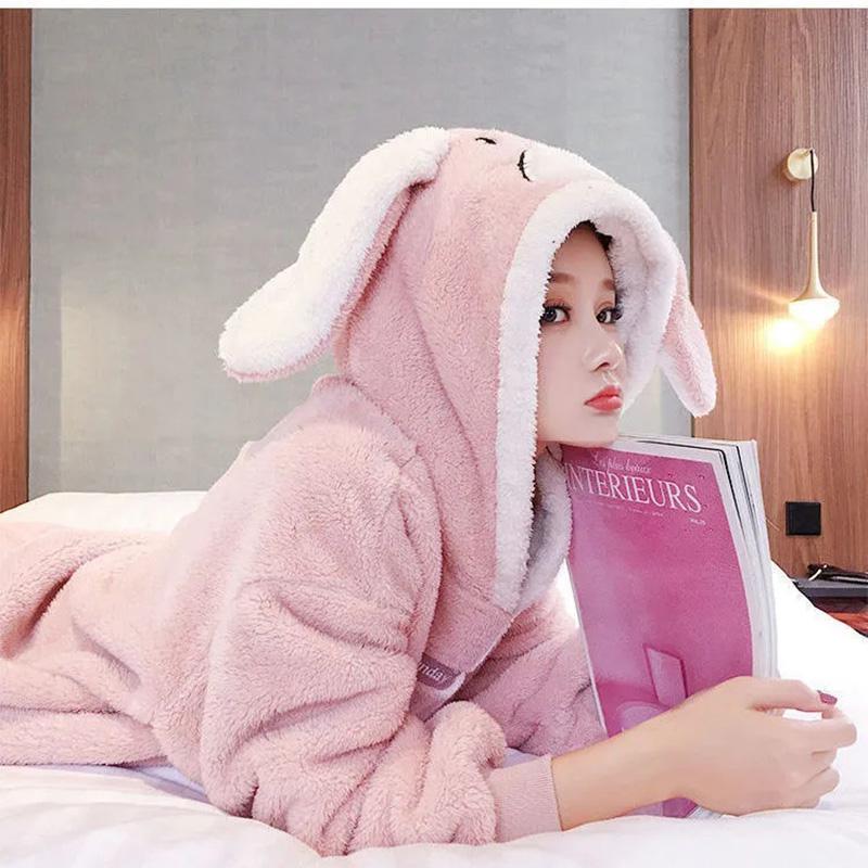 Women's Cute Cartoon Rabbit Ear Hooded Coral Fleece Pajamas Set Long Sleeves Thickened Velvet Winter Spring Flannel Warm Home Wear Sleeppingsuit