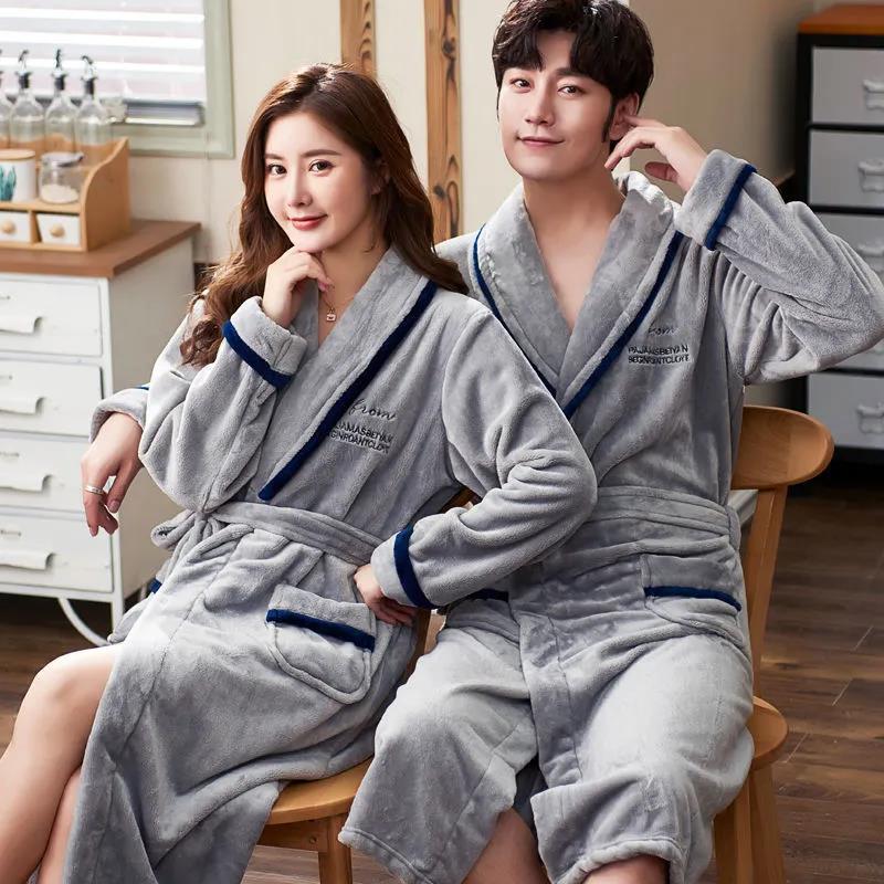 V-neck Cashmere Couple Bathrobes Men Pajamas Winter Warm Home Clothes Ladies Quick-drying Robe Coat Long