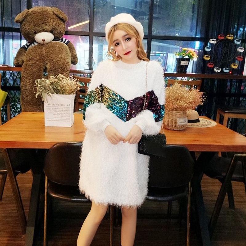 Autumn and Winter Fashion Loose Coat Half High Neck Sequined Tassel Sweater Mid-length Base Dress Women