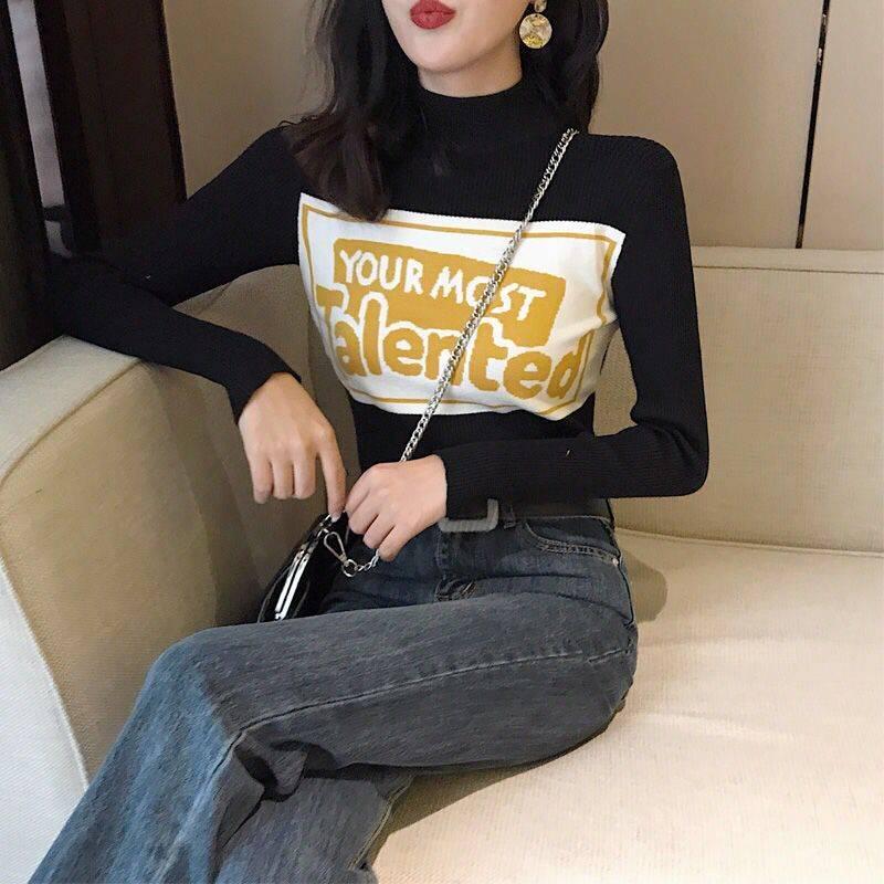 Funky Letter Knitwears Turtleneck Slim Fit Bottoming Shirt Solid Color Pullover Sweater Top