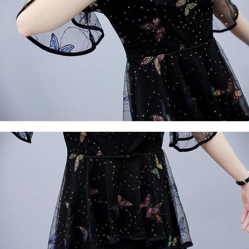 Large Size Women's Summer Black Belly Cover Sequins Embroidery Stitching Short-sleeved Fairy Dress Ladies Temperament A-line Skirt