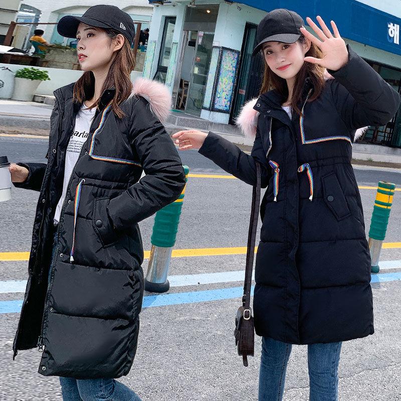 Ladies winter padded coat long over the knee fur collar hooded down padded jacket Slim thick warmth Parka Coat