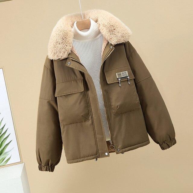 Women Autumn Winter Short Wide Lapel Fur Liner Windproof Coat Puffer Jacket Cotton Padded Parkas Warm Outwear 6 Colour