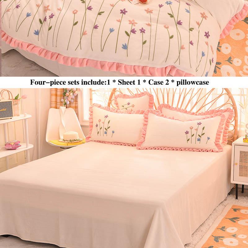 Milk Velvet Four-piece Autumn and Winter Thick Warm Double-sided Velvet Bed Single Is Set of Pillow Sets Set 1.8 Meters 2 Meter Bed Princess Wind