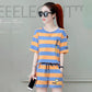 Cotton Striped Sports Suit Women Loose Round Neck Short Sleeve Tethered Shorts Two-piece Running Casual Wear Cute Home Wear Pajamas