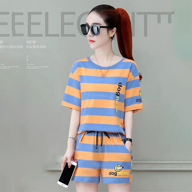 Cotton Striped Sports Suit Women Loose Round Neck Short Sleeve Tethered Shorts Two-piece Running Casual Wear Cute Home Wear Pajamas