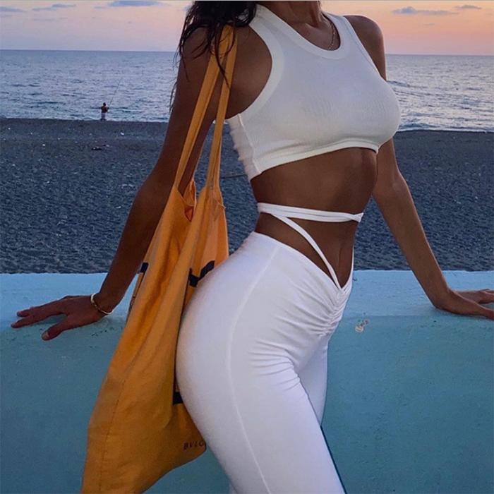 WTEMPO Tie trousers Women's Leggings High Waist Worn Outside Cotton Black Pants Tight Stretch Trousers