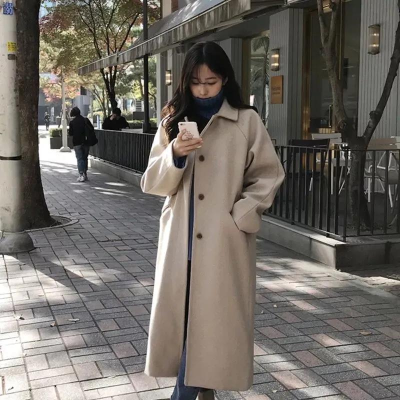 Winter Woolen Coat Korean Fashion Mid-length Woolen Coat Thickened Over The Knee Plus Size Woolen Coat