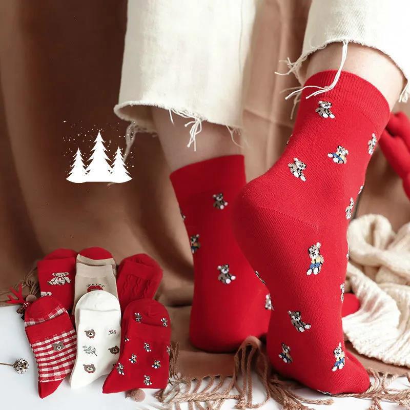 Socks Winter Christmas Elk Tree Pattern Thicken Warm Women's Red Pure Cotton Cute Stockings