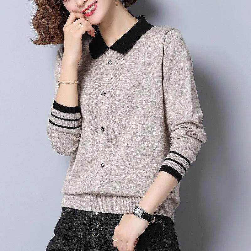Women's Lapel Knit Sweater Fashion Button Solid Color Pullover Thickened Warm Plus Size Sweater
