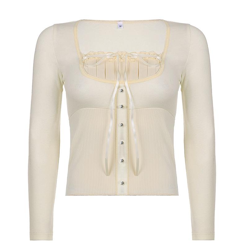 Women's Long Sleeve T-Shirt Y2K Sweet Cute Crop Top Lace Frill Bow Pullovers Vintage Square Collar T Shirt Korean Tees