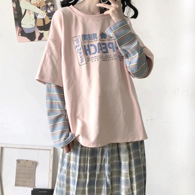 Hoodies Women Pullover Sweatshirts Oversized Streetwear Harajuku Fake Two Piece Rainbow Sleeve Hip Hop Hoodies Spring Autumn Plus Size Loose Hoodies