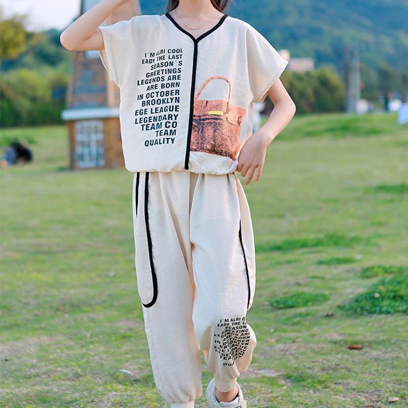Girls Summer Clothes Light and Thin Section Cool Breathable Suit Korean Version Printed Pocket Casual Short-sleeved Trousers Sports Two-piece Suit