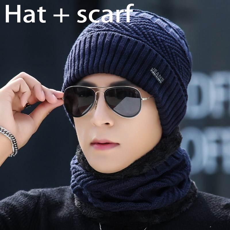 Plush Cotton hat Hat + scarf Windproof hat Autumn winter Warm hat Thick hat Man Trend knitting hat