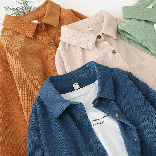 Women Corduroy Shirts Ladies Large Size Tunic Tops Female Long Sleeve Solid Color Clothing Button Up Down Loose Blouses